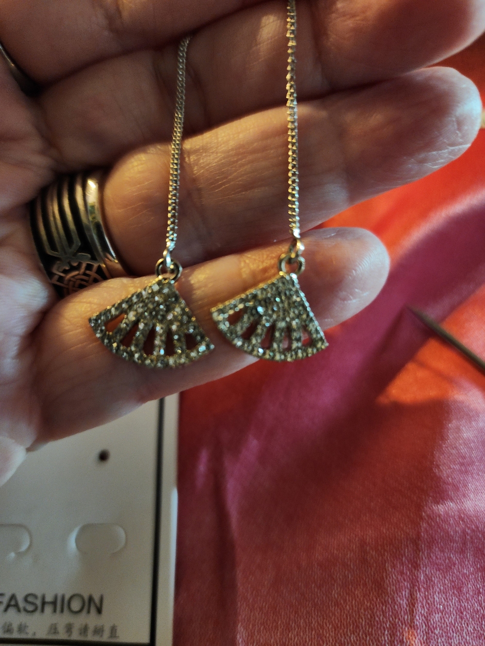 Silver-Tone Fan Thread Earrings with Clear Stones & Pearl Backings